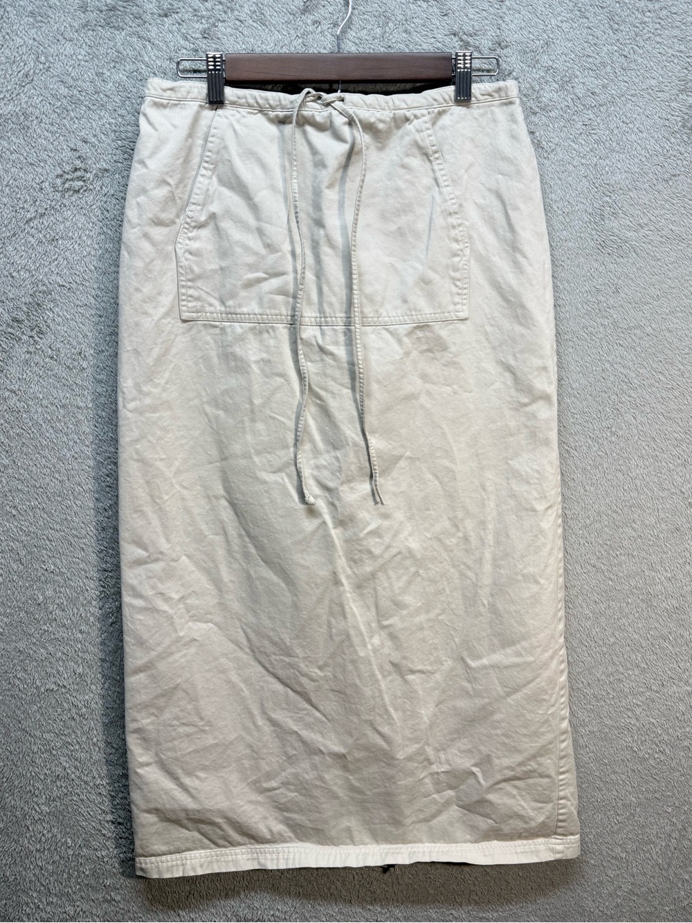 Boutique Europa Tan Khaki Cotton Midi Skirt Cargo Style Drawstring Waist Size 10